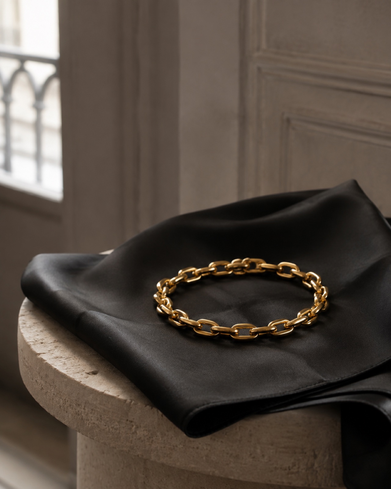 Gold link bracelet arranged on black silk